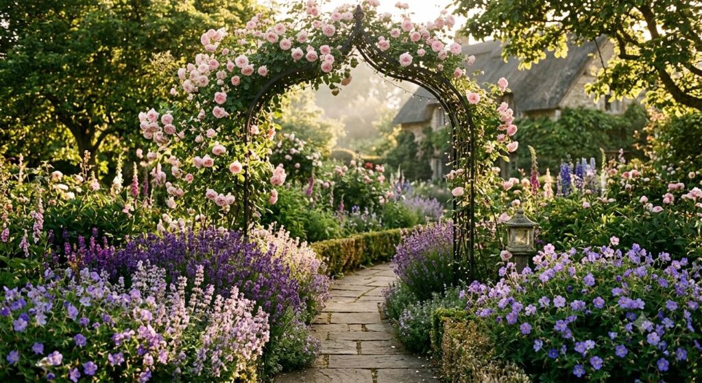 A beautiful garden path with a metal arch covered in pale pink climbing roses
