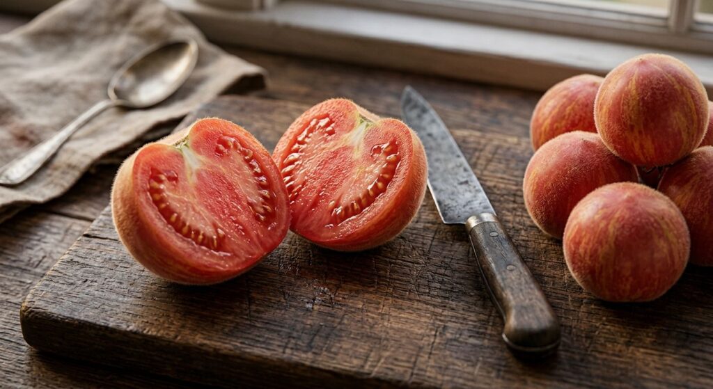 Pink Furry Boar tomato is sliced in half.