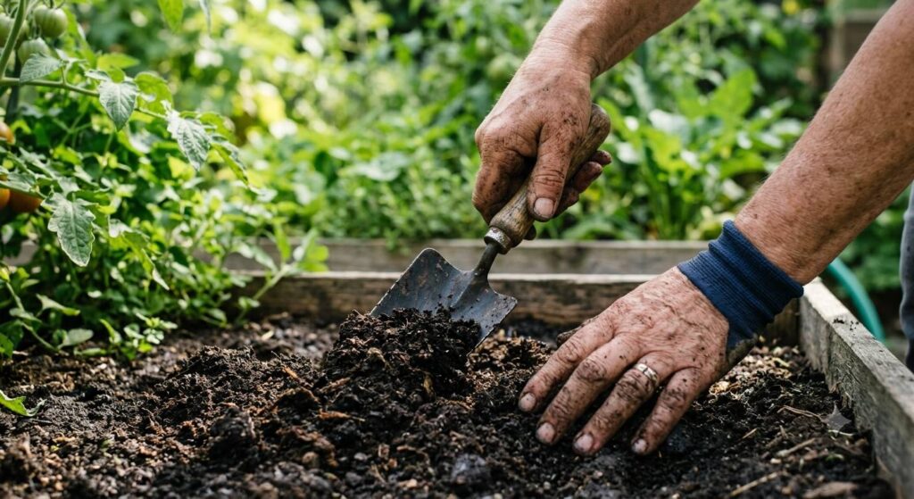 hands mixing dark, crumbly compost into garden soil with a trowel