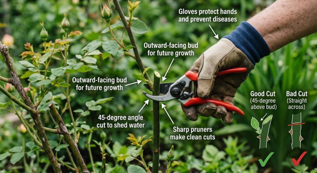 hands using sharp bypass pruners to cut a rose cane at a 45-degree angle