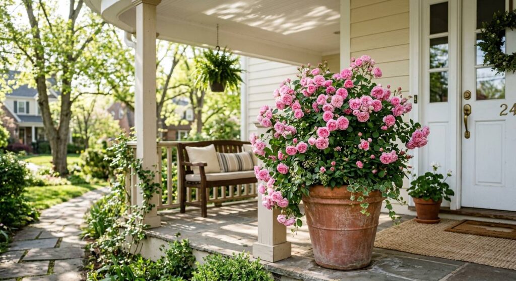large terracotta pot overflowing with a pink floribunda rose